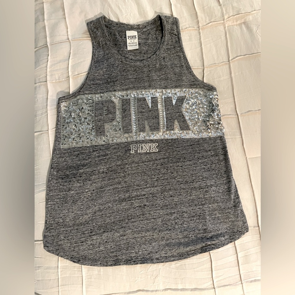 Like New PINK Bling tank - Med, Heather Gray, racer back/open back.